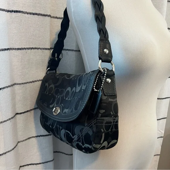 Black Coach Women's Optic Signature Canvas | Chelsea Shoulder Bag Braided Strap - Picture 15 of 16